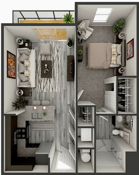 A 3D rendered image of a small apartment layout.